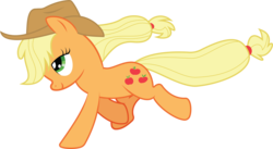 Size: 8700x4778 | Tagged: safe, artist:wissle, applejack, earth pony, pony, friendship is magic, g4, absurd resolution, applejack's hat, cowboy hat, female, hat, lidded eyes, mare, missing freckles, raised hoof, running, simple background, smiling, solo, transparent background, vector