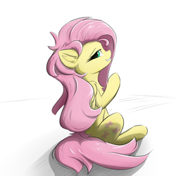 Size: 1024x1024 | Tagged: safe, artist:d.w.h.cn, fluttershy, pegasus, pony, g4, cute, female, folded wings, looking at you, looking back, looking back at you, mare, raised hoof, shyabetes, simple background, smiling, solo, white background, wings