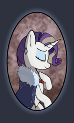 Size: 1638x2706 | Tagged: safe, artist:gennamon, rarity, pony, unicorn, g4, my little pony: friendship is magic, the last problem, bust, cloak, clothes, eyes closed, female, hoof on chest, mare, older, older rarity, portrait, skunk stripe, smiling, solo