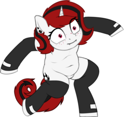 Size: 1776x1666 | Tagged: safe, artist:zippysqrl, oc, oc only, oc:lilith, pony, unicorn, belly button, bipedal, chubby, clothes, ear piercing, earring, fangs, female, freckles, jewelry, krumping, marge krumping, piercing, simple background, socks, stockings, thigh highs, transparent background