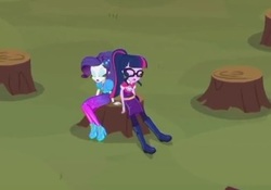 Size: 327x229 | Tagged: safe, screencap, rarity, sci-twi, twilight sparkle, equestria girls, equestria girls series, g4, wake up!, spoiler:choose your own ending (season 2), spoiler:eqg series (season 2), clothes, cropped, cute, eyes closed, female, glasses, grass, music festival outfit, open mouth, ponytail, sitting, sleeping, tree stump