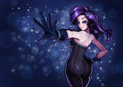 Size: 1697x1200 | Tagged: safe, artist:the-park, rarity, human, equestria girls, equestria girls series, the other side, ass, bare shoulders, beautiful, beautisexy, bodysuit, bootylicious, butt, catsuit, clothes, female, gloves, headphones, looking at you, looking back, looking back at you, rearity, sexy, simple background, sleeveless, solo, strapless, thick, unitard