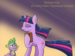 Size: 1200x900 | Tagged: safe, artist:mew-me, spike, twilight sparkle, dragon, pony, unicorn, g4, book, crying, end of ponies, eyes closed, female, male, mare, profile, teary eyes, thank you, unicorn twilight