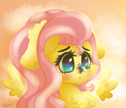 Size: 1200x1024 | Tagged: safe, artist:kindny-chan, fluttershy, butterfly, pegasus, pony, g4, blushing, bust, butterfly on nose, cheek fluff, chest fluff, ear fluff, female, floating wings, floppy ears, insect on nose, looking at something, mare, open mouth, portrait, solo, stray strand, three quarter view, wings