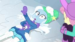 Size: 1920x1080 | Tagged: safe, screencap, fluttershy, trixie, equestria girls, equestria girls series, g4, holidays unwrapped, saving pinkie's pie, spoiler:eqg series (season 2), clothes, female, outdoors, shrunken pupils, snow, snowball, snowball fight, winter outfit