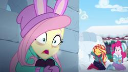 Size: 1920x1080 | Tagged: safe, screencap, fluttershy, pinkie pie, sunset shimmer, equestria girls, equestria girls series, g4, holidays unwrapped, spoiler:eqg series (season 2), clothes, female, scared, winter outfit