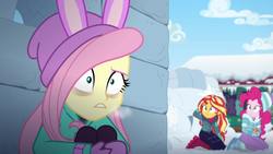 Size: 1920x1080 | Tagged: safe, screencap, fluttershy, pinkie pie, sunset shimmer, equestria girls, equestria girls specials, g4, my little pony equestria girls: better together, my little pony equestria girls: holidays unwrapped, saving pinkie's pie, bags under eyes, beanie, breath, clothes, dark circles, female, frostbite, hat, mittens, scared, shrunken pupils, snow, snow fort, souffle, thousand yard stare, winter, winter outfit