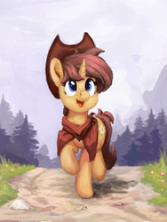 Size: 1354x1800 | Tagged: safe, artist:aemuhn, oc, oc only, oc:buckwheat, pony, unicorn, clothes, commission, female, forest, freckles, hat, mare, path, scenery, smiling, solo, trail
