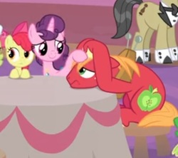 Size: 361x320 | Tagged: safe, edit, edited screencap, editor:thomasfan45, screencap, apple bloom, big macintosh, sugar belle, earth pony, pony, unicorn, g4, the last problem, couple, cropped, cute, daaaaaaaaaaaw, female, filly, head in hooves, head pat, husband and wife, male, mare, necklace, pat, ship:sugarmac, shipping, sitting, stallion, straight, table