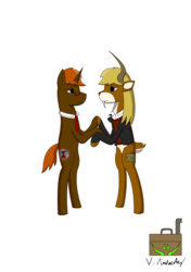 Size: 2460x3486 | Tagged: safe, artist:vol_audacity, oc, oc:leviathan "vol" audacity, oc:the ginger doctor, deer, deer pony, hybrid, original species, pony, unicorn, bipedal, gay, high res, male, shipping