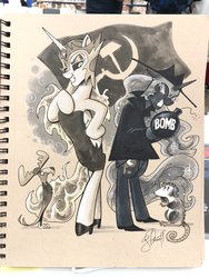Size: 1536x2048 | Tagged: safe, artist:andypriceart, daybreaker, nightmare moon, philomena, tiberius, alicorn, phoenix, pony, g4, black dress, bomb, boris badenov, cartoon bomb, clothes, coat, dress, ethereal mane, evil sisters, female, hammer and sickle, hat, helmet, human pose, little black dress, mane of fire, mare, natasha fatale, rocky and bullwinkle, traditional art, weapon