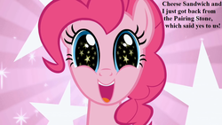 Size: 1280x720 | Tagged: safe, edit, edited screencap, editor:korora, screencap, pinkie pie, earth pony, pony, g4, the ticket master, cute, diapinkes, excited, implied cheese sandwich, implied cheesepie, implied pairing stone, implied shipping, implied straight, starry eyes, wingding eyes