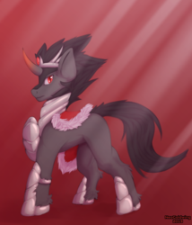 Size: 1027x1200 | Tagged: safe, artist:iridiumgloom, artist:neothedragon, king sombra, pony, unicorn, g4, cape, clothes, hoof shoes, looking at you, male, raised hoof, solo, stallion