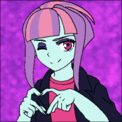 Size: 400x400 | Tagged: safe, artist:fantasygerard2000, sunny flare, equestria girls, g4, cropped, female, heart, heart hands, looking at you, one eye closed, smiling, solo, wink