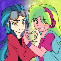 Size: 399x399 | Tagged: safe, artist:fantasygerard2000, indigo zap, lemon zest, equestria girls, g4, cropped, cute, duo, heart, heart hands, looking at you, smiling