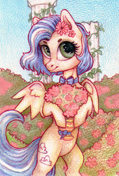 Size: 1438x2133 | Tagged: safe, artist:leeene, oc, oc only, pegasus, pony, bipedal, bowtie, column, female, flower, flower in hair, mare, solo, traditional art