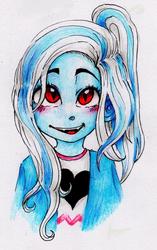 Size: 1209x1920 | Tagged: safe, artist:starwantrix, trixie, vampire, equestria girls, g4, blushing, fangs, female, slit pupils, smiling, solo, traditional art