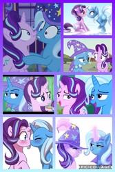 Size: 682x1024 | Tagged: safe, artist:marissa8224, artist:scarlet-spectrum, artist:verawitch, artist:whisperseas, starlight glimmer, trixie, pony, unicorn, g4, no second prances, accessory swap, blushing, boop, bust, collage, cute, duo, eyes closed, female, lesbian, lidded eyes, looking at each other, magic, mare, noseboop, portrait, scrunchy face, ship:startrix, shipping, simple background, sitting, smiling, telekinesis, underhoof, watermark
