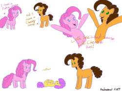 Size: 2250x1688 | Tagged: safe, artist:kaderpow, cheese sandwich, li'l cheese, pinkie pie, earth pony, pony, g4, the last problem, animated, cheesy sense, error, female, filly, glitch, male, mare, motion blur, on back, pinkie sense, seizure, ship:cheesepie, shipping, simple background, stallion, straight, trio, wat, white background