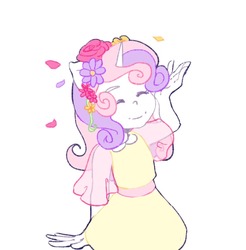 Size: 983x997 | Tagged: safe, artist:navy-pon, sweetie belle, unicorn, anthro, g4, clothes, cute, diasweetes, dress, eyes closed, female, floral head wreath, flower, flower in hair, flower petals, happy, smiling, solo