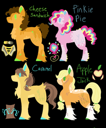 Size: 1000x1200 | Tagged: safe, artist:lepiswerid, applejack, caramel, cheese sandwich, pinkie pie, pony, g4, alternate design, black background, coat markings, colored hooves, female, male, marsverse, ship:carajack, ship:cheesepie, shipping, simple background, straight, unshorn fetlocks