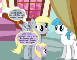 Size: 542x420 | Tagged: safe, edit, edited screencap, editor:korora, screencap, apple cobbler, derpy hooves, dinky hooves, lightning bolt, white lightning, pony, g4, the one where pinkie pie knows, cropped, dialogue, implied crackle pop, implied minty, oh minty minty minty, speech bubble, sugarcube corner