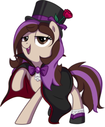 Size: 1437x1737 | Tagged: safe, artist:thebowtieone, oc, oc:bowtie, earth pony, pony, vampire, cloak, clothes, costume, female, flower, halloween, halloween costume, hat, mare, raised hoof, rose, simple background, solo, top hat, transparent background