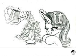 Size: 2221x1655 | Tagged: safe, artist:radiancebreaker, phyllis, starlight glimmer, pony, unicorn, a horse shoe-in, g4, magic, monochrome, philodendron, plant, sketch, traditional art, watering can