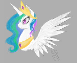 Size: 706x579 | Tagged: safe, artist:0pencil0and0rood0, princess celestia, alicorn, pony, g4, bust, crown, female, gray background, jewelry, mare, peytral, portrait, profile, regalia, simple background, solo, spread wings, wings