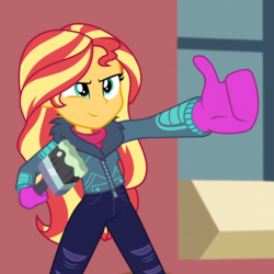 Size: 900x900 | Tagged: safe, edit, edited screencap, screencap, sunset shimmer, equestria girls, equestria girls series, g4, holidays unwrapped, spoiler:eqg series (season 2), clothes, cropped, female, smiling, solo, thumbs up, winter outfit