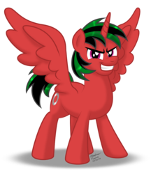 Size: 831x961 | Tagged: safe, artist:aleximusprime, oc, oc only, oc:donut steel, alicorn, pony, alicorn oc, donut steel, evil smile, gary stu, grin, horn, joke oc, looking at you, magenta eyes, male, male alicorn, male alicorn oc, mary sue, oc october, recolor, red and black oc, silly filly studios, simple background, smiling, solo, spread wings, tall, transparent background, wings