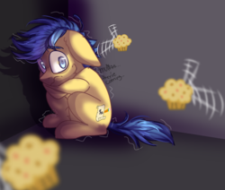 Size: 1797x1527 | Tagged: safe, artist:paintpalet35, oc, oc only, earth pony, pony, food, male, muffin, scared, solo