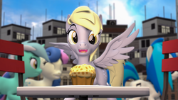 Size: 3840x2160 | Tagged: safe, artist:szczerbix, derpy hooves, pegasus, pony, g4, 3d, food, high res, looking at muffin, muffin, source filmmaker