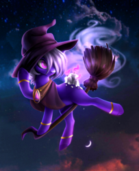Size: 1100x1354 | Tagged: safe, artist:shady-bush, oc, oc only, oc:sacrament, original species, pony, scented pony, broom, female, flying, flying broomstick, hat, mare, night, solo, witch hat