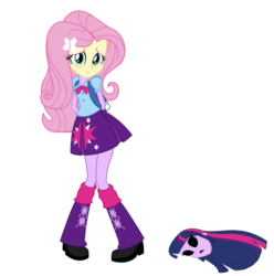 Size: 1813x1826 | Tagged: safe, edit, fluttershy, twilight sparkle, equestria girls, g4, <:), backpack, blouse, blushing, bodysuit, boots, bow, clothes, clothes swap, cute, cutie mark accessory, cutie mark on clothes, disguise, eye holes, eyeshadow, grin, hairpin, hand behind back, kneesocks, makeup, mask, mask on ground, masking, mouth hole, shoes, shy, skirt, smiling, socks, swap, twilight sparkle's boots, twilight suit