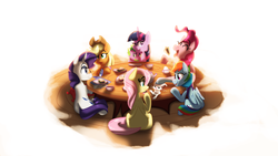 Size: 3840x2160 | Tagged: safe, artist:zvn, angel bunny, applejack, fluttershy, pinkie pie, rainbow dash, rarity, spike, twilight sparkle, alicorn, dragon, earth pony, pegasus, pony, unicorn, g4, eyes closed, female, food, happy birthday mlp:fim, high res, male, mane seven, mane six, mare, mlp fim's ninth anniversary, open mouth, sandwich, table, twilight sparkle (alicorn)