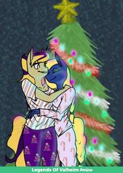 Size: 758x1064 | Tagged: safe, artist:atari, oc, oc:atari, oc:mocha fizz, earth pony, unicorn, anthro, blind, christmas, christmas tree, clothes, holiday, pajamas, tree