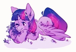 Size: 457x315 | Tagged: safe, artist:benyablinkakaeto, twilight sparkle, alicorn, pony, g4, cute, ear fluff, female, flower, mare, one eye closed, prone, simple background, solo, twiabetes, twilight sparkle (alicorn), unshorn fetlocks, white background