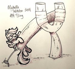 Size: 2048x1873 | Tagged: safe, artist:mychelle, scootaloo, pegasus, pony, g4, female, inktober, inktober 2019, monochrome, sling, slingshot, solo, this will end in pain, traditional art