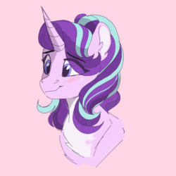 Size: 2000x2000 | Tagged: safe, artist:scarletskitty12, starlight glimmer, pony, unicorn, g4, bust, chest fluff, cute, digital art, ear fluff, eye clipping through hair, female, glimmerbetes, high res, mare, pink background, portrait, simple background, smiling, solo