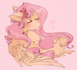 Size: 585x531 | Tagged: safe, artist:benyablinkakaeto, fluttershy, pegasus, pony, g4, bust, cute, eyes closed, female, flower, flower in hair, heart, hoof on chest, mare, peaceful, pink background, shyabetes, simple background, solo, unshorn fetlocks, wings