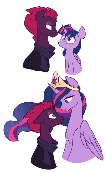 2173997 - safe, artist:chub-wub, tempest shadow, twilight sparkle, alicorn,  pony, unicorn, the last problem, :t, baneposting in the comments, broken  horn, clothes, digital art, eye contact, eye scar, female, height  difference, horn,