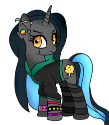 Size: 837x955 | Tagged: safe, artist:missxxfofa123, artist:moon-rose-rosie, oc, oc only, oc:tough cookie (ice1517), pony, unicorn, base used, bracelet, clothes, ear piercing, earring, female, hoodie, jewelry, makeup, mare, piercing, simple background, socks, solo, striped socks, white background, wristband