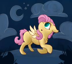 Size: 4500x4000 | Tagged: safe, artist:antimationyt, fluttershy, pegasus, pony, g4, female, floppy ears, kneeling, looking up, missing cutie mark, night, simple background, wings