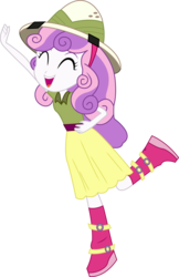Size: 4422x6828 | Tagged: safe, artist:marcorulezzz, sweetie belle, equestria girls, g4, my little pony equestria girls: summertime shorts, the canterlot movie club, absurd resolution, boots, clothes, cute, diasweetes, eyes closed, female, hat, open mouth, pith helmet, raised leg, shirt, shoes, simple background, skirt, solo, transparent background, vector
