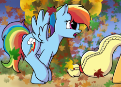 Size: 2100x1500 | Tagged: safe, artist:jellysketch, applejack, rainbow dash, earth pony, pegasus, pony, fall weather friends, g4, alternate hairstyle, female, leaf, leaves, mare, open mouth, running, running of the leaves, tree