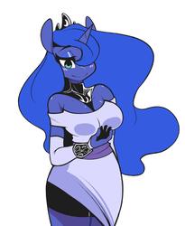 Size: 2089x2549 | Tagged: safe, artist:sourspot, princess luna, alicorn, anthro, g4, adorasexy, bare shoulders, beautiful, beautisexy, blushing, breasts, clothes, cute, digital art, dress, female, hair over one eye, high res, lidded eyes, lunabetes, mare, pretty, sexy, simple background, smiling, solo, white background, white dress