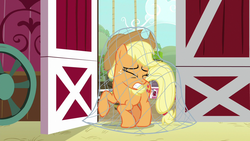 Size: 1280x720 | Tagged: safe, screencap, applejack, earth pony, pony, g4, going to seed, eyes closed, female, freckles, mare, net, solo