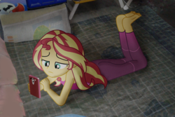 Size: 2100x1400 | Tagged: safe, edit, sunset shimmer, equestria girls, g4, barefoot, cellphone, equestria girls in real life, feet, geode of empathy, irl, magical geodes, phone, photo, photoshop, pillow, sad, smartphone