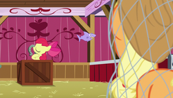 Size: 1280x720 | Tagged: safe, screencap, apple bloom, applejack, pony, shark, g4, going to seed, female, irl, net, photo, toy